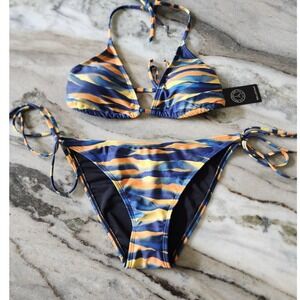 NWT RELLECIGA Womens Blue Orange Abstract Color Block Triangle Bikini Set Size M